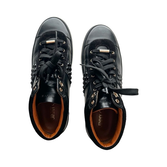 JIMMY CHOO Black Leather and Crystal Studded Suede Bells Lace Up Sneakers Sz 9.5 - Picture 6 of 7